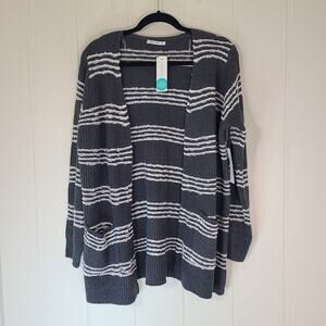 NWT Pink Clover grey and white striped open-front cardigan Pockets Size L